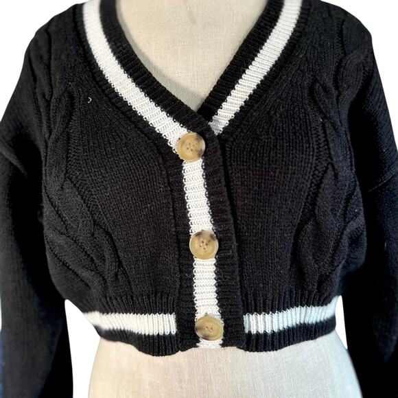 Womens Sweater Size Medium Black White Crop Preppy Twee Business Casual Nautical - Picture 2 of 8